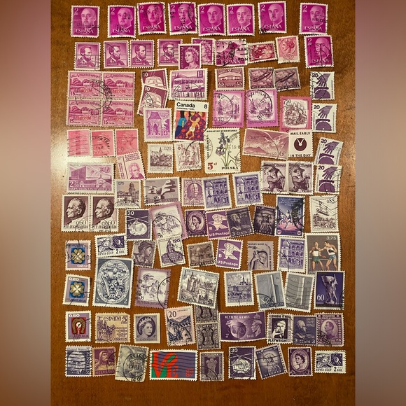 Vintage international & USA Postal Stamps - over 100 postmarked. Pink/Purple#1 - Picture 2 of 7